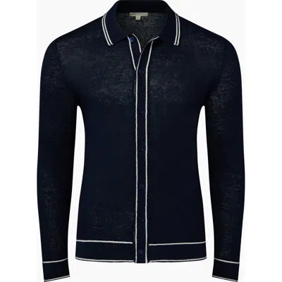 Onia Linen Long Sleeve Sweater Polo In Deep Navy/white