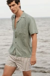 Onia Linen Pintuck Camp Shirt Top In Soft Olive, Men's At Urban Outfitters In Green