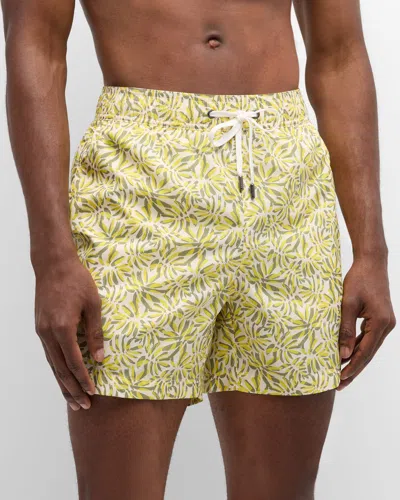 Onia Men's Charles 5 Palm-print Swim Shorts In Cream Multi