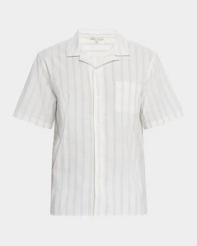 Onia Men's Cotton And Linen Vertical Stripe Camp Shirt In White/lt Blue