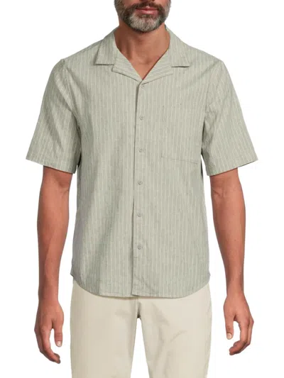 Onia Vacation Linen Blend Stripe Button Down Camp Shirt In Sage