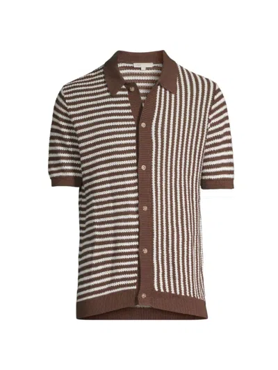 Onia Men's Striped Linen Knit Cardigan In Chocolate White