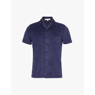 Onia Mens Deep Navy Towel Terry Camp-collar Cotton-blend Shirt
