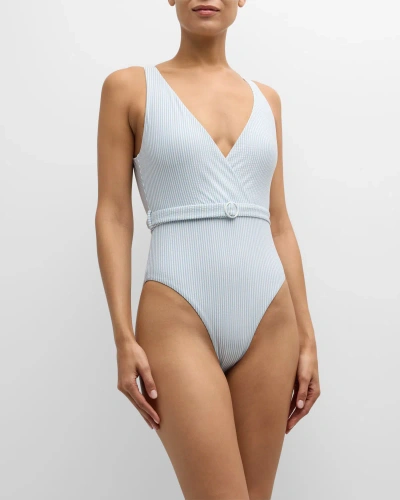 Onia Michelle Striped Seersucker One-piece Swimsuit In Pale Bluewhite