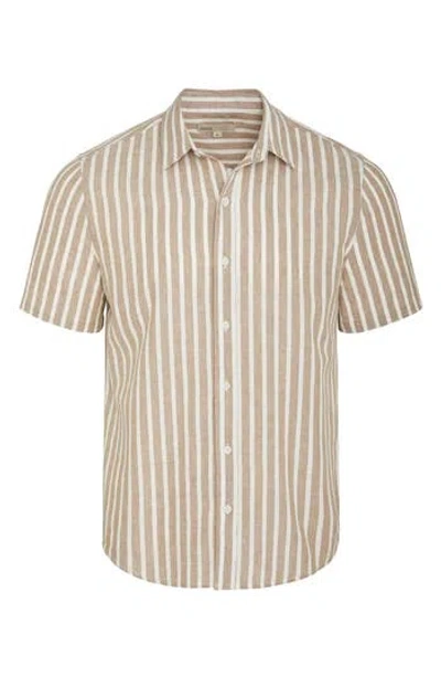 Onia Stripe Short Sleeve Linen & Cotton Blend Button-up Shirt In Brown