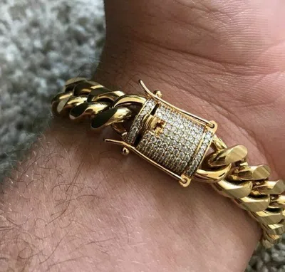 Pre-owned Online0369 0.25cts Rd Cubic Zirconia Mens Miami Cuban Link Bracelet 925 Over Silver In White