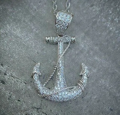 Pre-owned Online0369 0.75 Ct Simulated Diamond Mens Anchor Pendant Necklace White Gold Plated Silver