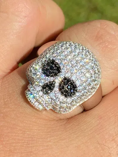 Pre-owned Online0369 1.18 Ct Black White Cubic Zirconia Mens Skull Head Ring White Gold Plated