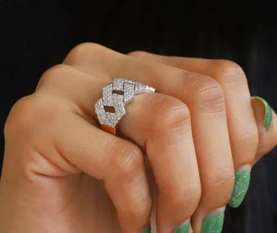 Pre-owned Online0369 1.18ct Round Cubic Zirconia Men's Cuban Link Ring Silver Yellow Gold Plated In White