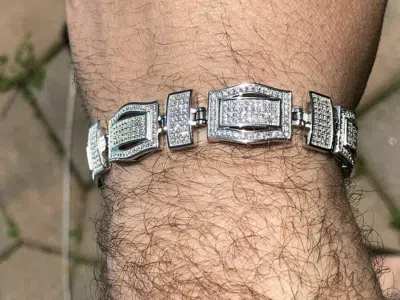Pre-owned Online0369 12.18ct Cubic Zirconia Mens Designer Wide Bracelet White Gold Plated Silver
