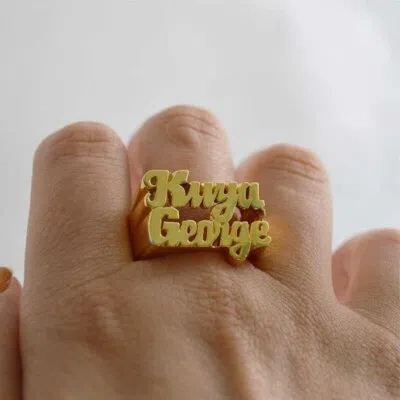 Pre-owned Online0369 14k Yellow Gold Plated Men's Customized Cursive Writing Name Ring In 925 Silver In White