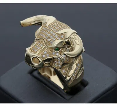 Pre-owned Online0369 1.55 Ct Round Cubic Zirconia Emerald Green Mens Bull Head Ring In 925 Silver In White