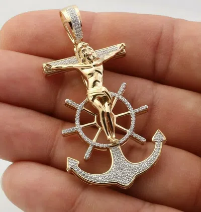 Pre-owned Online0369 1.5ct White Cubic Zirconia Mens Jesus Anchor Charm Pendant Yellow Gold Plated