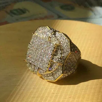 Pre-owned Online0369 1.88 Ct Round Cubic Zirconia Mens Style Ring In Yellow Gold Plated 925 Silver In White