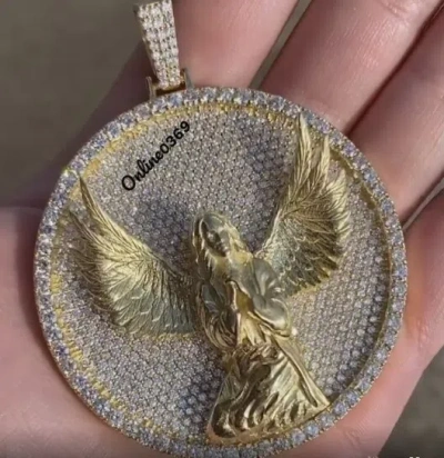 Pre-owned Online0369 1ct Natural Moissanite Men's 3d Angel In Disk Charm Pendant 925 Silver Free Stud In White