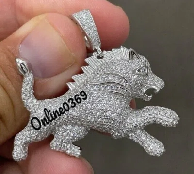 Pre-owned Online0369 2.23ct Genuine Moissanite Men's 3d Lion Charm Pendant White Gold Plated Silver