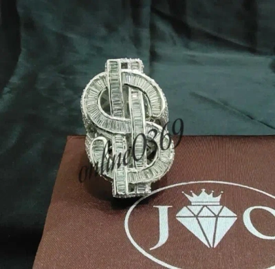 Pre-owned Online0369 3.10ct Baguette Cubic Zirconia Mens Custom Dollar Sign Bust Down Ring Silver In White