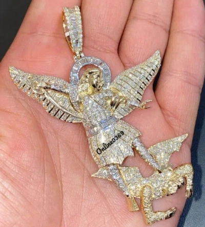 Pre-owned Online0369 3.30ct Baguette Cubic Zirconia Mens Saint Michael Charm Pendant Silver Stud In White