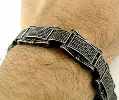 Pre-owned Online0369 3.8ct Black Simulated Diamon Mens Wide Link Bracelet Black Rhodium Plated Silver