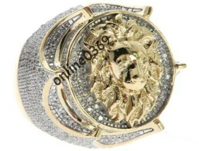 Pre-owned Online0369 3ct Natural Moissanite Men's Lion Charm Ring 14k Yellow Gold Plated Silver In White
