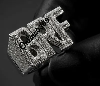 Pre-owned Online0369 3ct Round Moissanite Men's Custom Letter Ring White Gold Plated Silver Free Stud