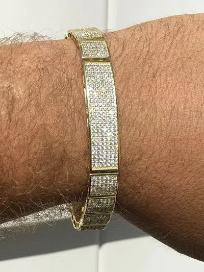 Pre-owned Online0369 4 Ct Cubic Zirconia Mens Custom Tennis Bracelet Yellow Gold Plated 925 Silver