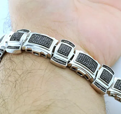 Pre-owned Online0369 5.81 Ct Round Black Cubic Zirconia Mens Wide Link Bracelet 925 Over Silver