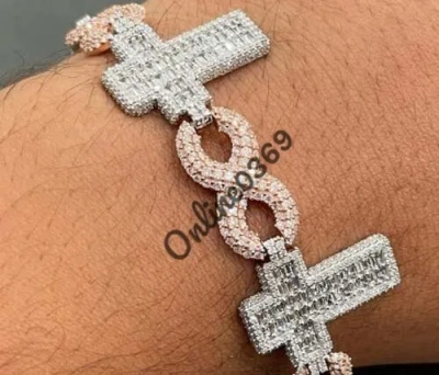 Pre-owned Online0369 925 Silver 9ct Baguette Moissanite Men's Infinity Cross Link Bracelet 8.5" Inch In White