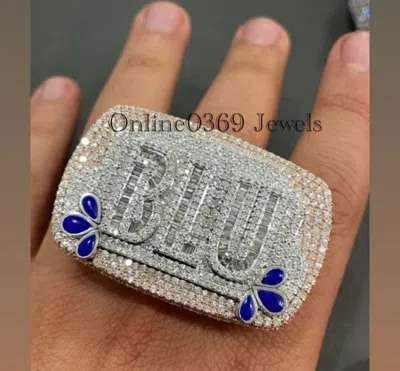 Pre-owned Online0369 For Men's Giant Custom Name 6ct Round Baguette Moissanite Ring In 925 Silver In White