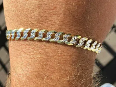 Pre-owned Online0369 1.33ct Cubic Zirconia Mens Cuban Classic Bracelet Silver Yellow Gold Plated In White