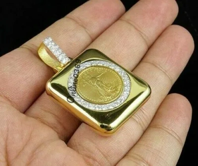 Pre-owned Online0369 Men's 0.10ct Natural Moissanite Coin Liberty Lady Charm Pendant Silver Free Stud In White