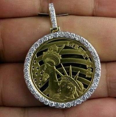 Pre-owned Online0369 Men's 2.10ct Cubic Zirconia Coin Liberty Lady Charm Pendant 925 Silver Free Stud In White