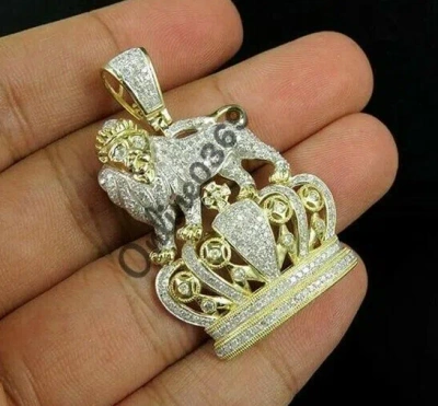 Pre-owned Online0369 Men's 2.10ct Rd Simulated Diamond Small Lion Charm Pendant 925 Silver Free Stud In White