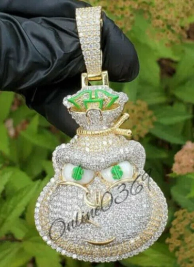 Pre-owned Online0369 Men 2.20ct Rd Cubic Zirconia Enamel Money Bag Charm Pendant Silver Free Stud In White