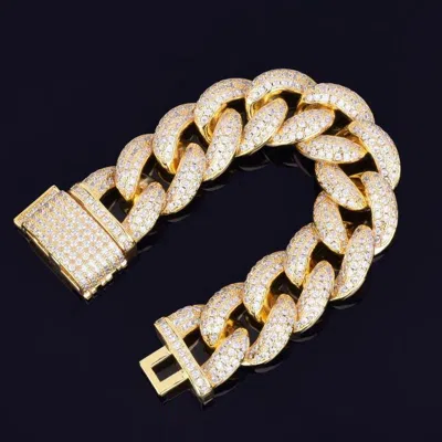 Pre-owned Online0369 Men's 23 Mm Thick Heavy Miami Cuban Link Bracelet 14k Yellow Gold Plated Silver