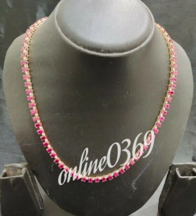 Pre-owned Online0369 Men's 4 X 20" Tennis Necklace Round Simulated Ruby 14k Yellow Gold Plated Silver In Pink