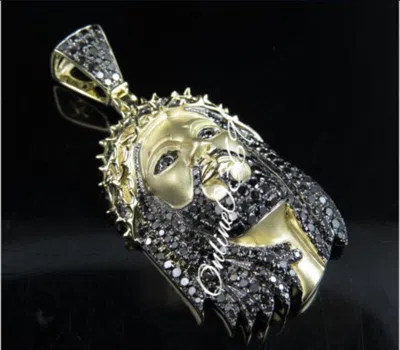 Pre-owned Online0369 Men's 4.5ct Black Cubic Zirconia Jesus Charm Pendant Yellow Gold Plated Silver
