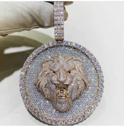 Pre-owned Online0369 Men 6.6ct Baguette Cubic Zirconia Lion Head Charm Pendant Silver Free Stud In White