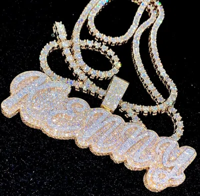 Pre-owned Online0369 Men's Cursive Custom Name Pendant 3mm Tennis Chain Silver 14k Yellow Gold Plated In White