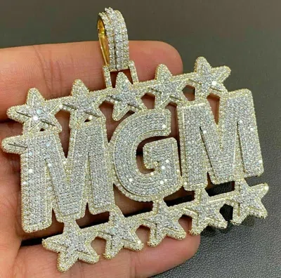 Pre-owned Online0369 Men Custom "mgm" Star Layer Pendant 3ct Cubic Zirconia Yellow Gold Plated Silver