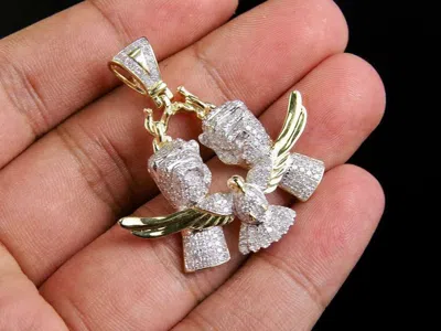 Pre-owned Online0369 Men's Freedom Charm Pendant Round Genuine Moissanite Yellow Gold Plated Silver In White