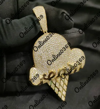 Pre-owned Online0369 Men's Round Cubic Zirconia Ice Cream Charm Pendant 14k Yellow Gold Plated Silver In White