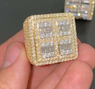 Pre-owned Online0369 Men's Square Shape Ring 2.88ct Baguette Cubic Zirconia Silver Yellow Gold Plated In White