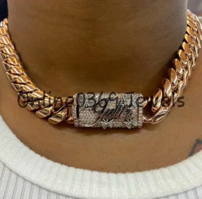 Pre-owned Online0369 Mens 12mm Thick 2 Ct Baguette Cubic Zirconia Custom Name Bail Solid Necklace In White