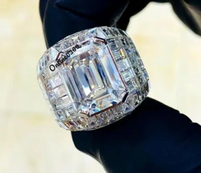 Pre-owned Online0369 Mens 3.21ct Emerald Cut Baguette Vintage Bold Pinky Ring White Gold Over Silver