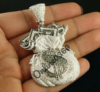 Pre-owned Online0369 Mens 3.9ct Emerald Cubic Zirconia Money Bag Charm Pendant Silver Free Stud