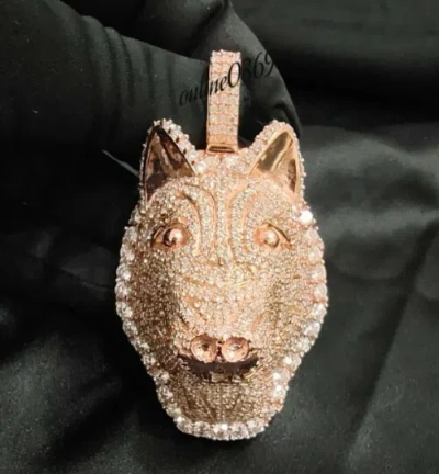 Pre-owned Online0369 Mens 3d Wolf Face Charm 3.28 Ct Cubic Zirconia Pendant Rose Gold Over Silver In White
