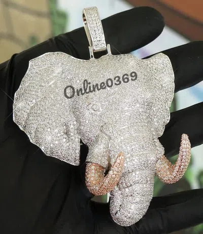 Pre-owned Online0369 Mens Bust Down 5.1ct Cubic Zirconia Elephant Head Charm Pendant Silver Stud In White