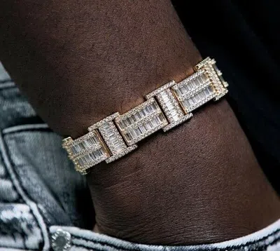 Pre-owned Online0369 Mens Classic Cuban Link Bracelet 4.15ct Baguette Cubic Zirconia 925 Silver In White