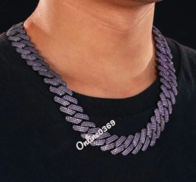 Pre-owned Online0369 Mens Simulate Amethyst Retro Cuban 15 X 20" Necklace Black Rhodium Plated Silver